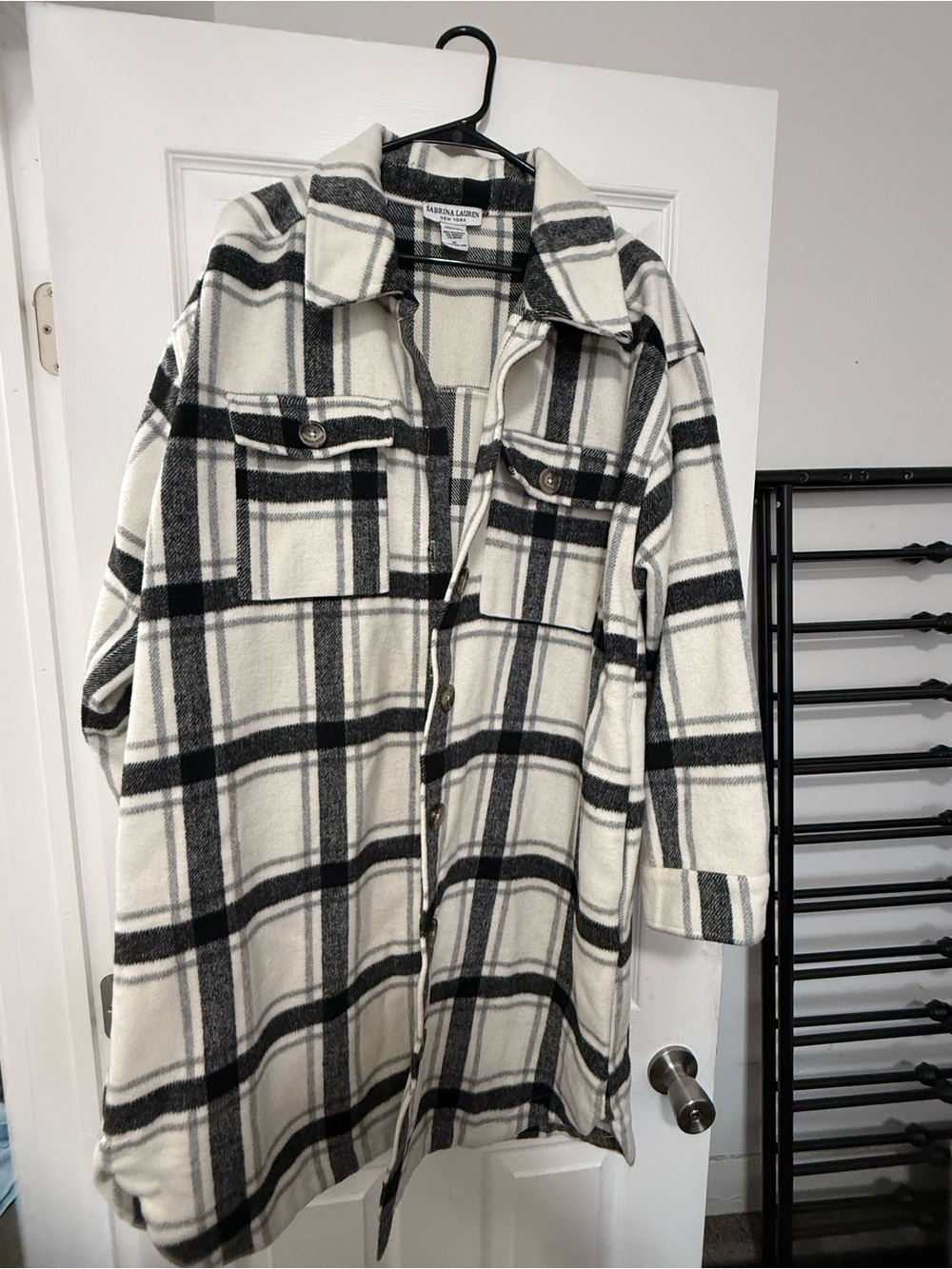 Lauren Ralph Lauren Cream and Black Plaid Long Shacket